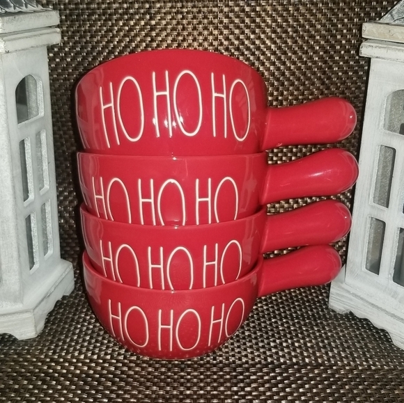 Rae Dunn "Ho Ho Ho" Set of 4 Red Soup Crock Christmas Bowls with Handles - Picture 1 of 4